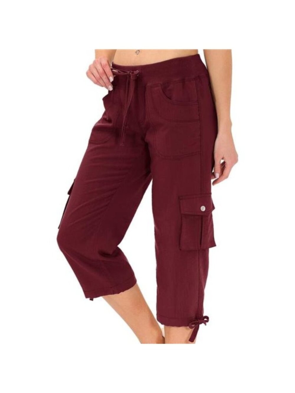 Women's Capris with Pockets Loose Fit Casual Baggy Cargo Pants, Burgundy Red